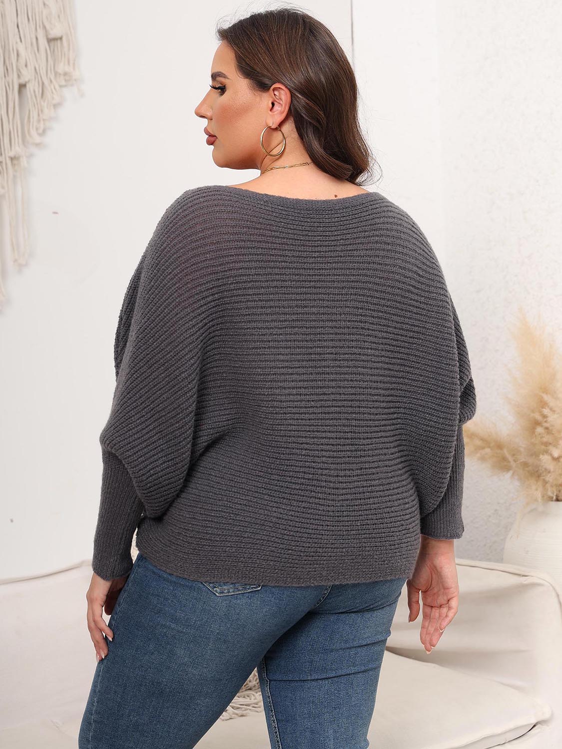 Full Size Boat Neck Batwing Sleeve Sweater - The Goddess Galleries