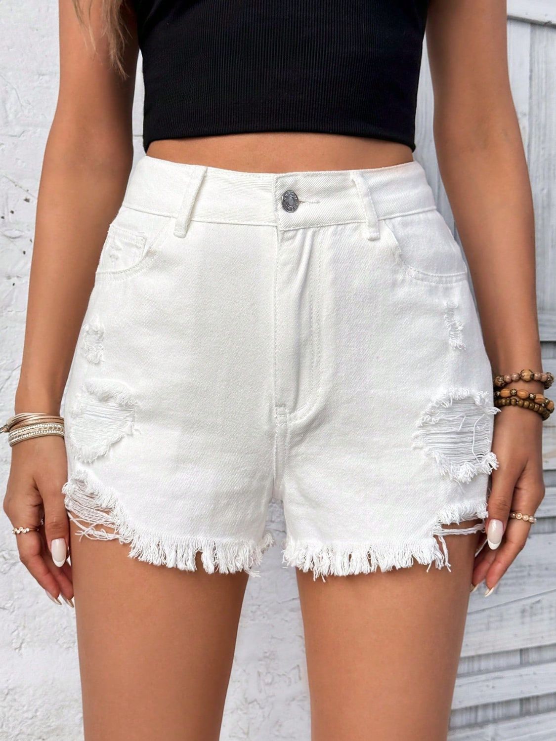 Distressed Raw Hem High Rise Denim Shorts - The Goddess Galleries