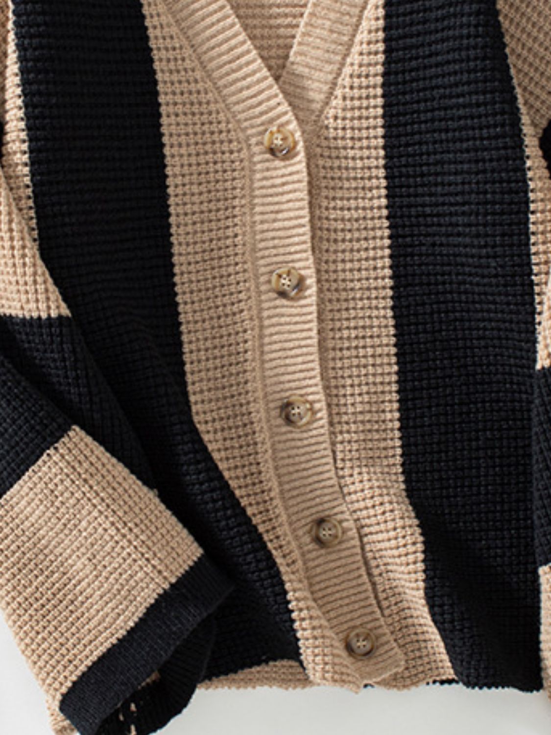 Waffle-Knit V-Neck Striped Long Sleeve Cardigan - The Goddess Galleries