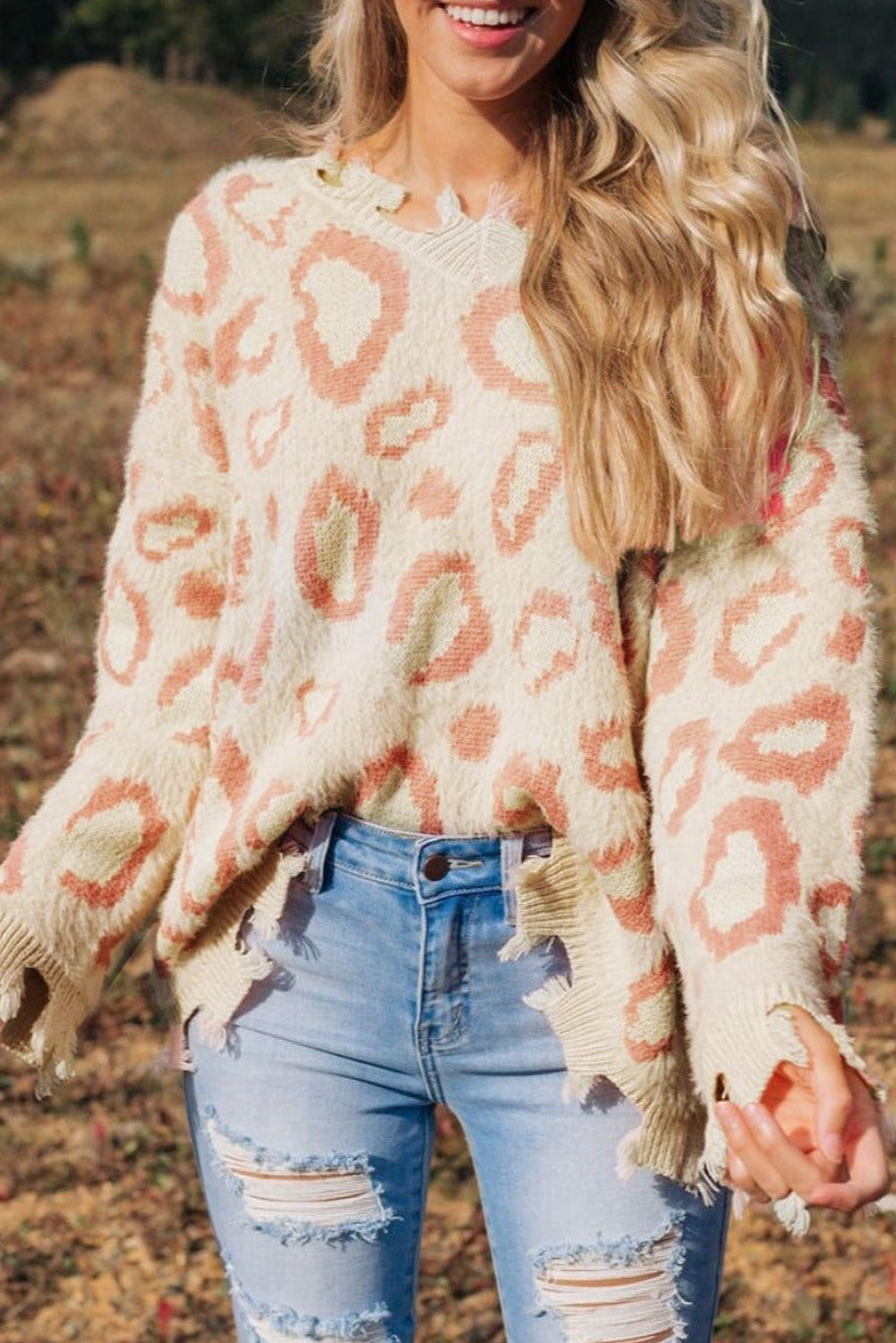 Distressed Trim Leopard V-Neck Sweater - The Goddess Galleries