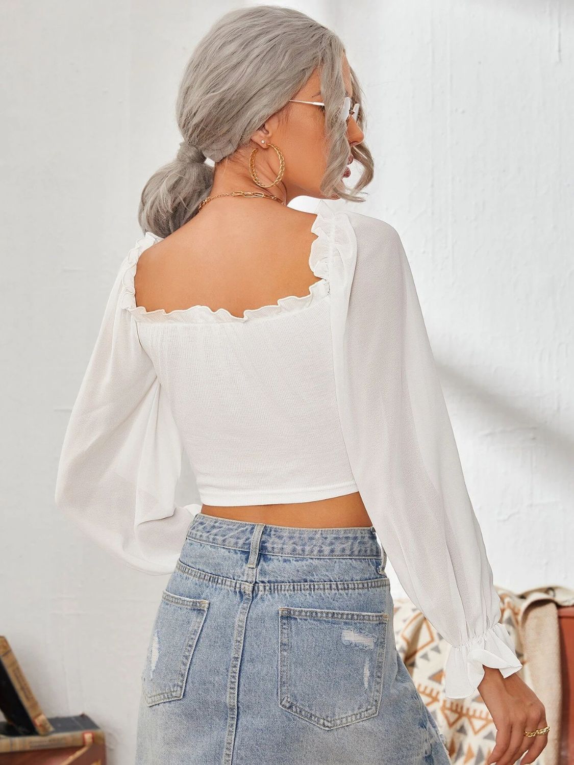 Mesh Sweetheart Neck Flounce Sleeve Top - The Goddess Galleries