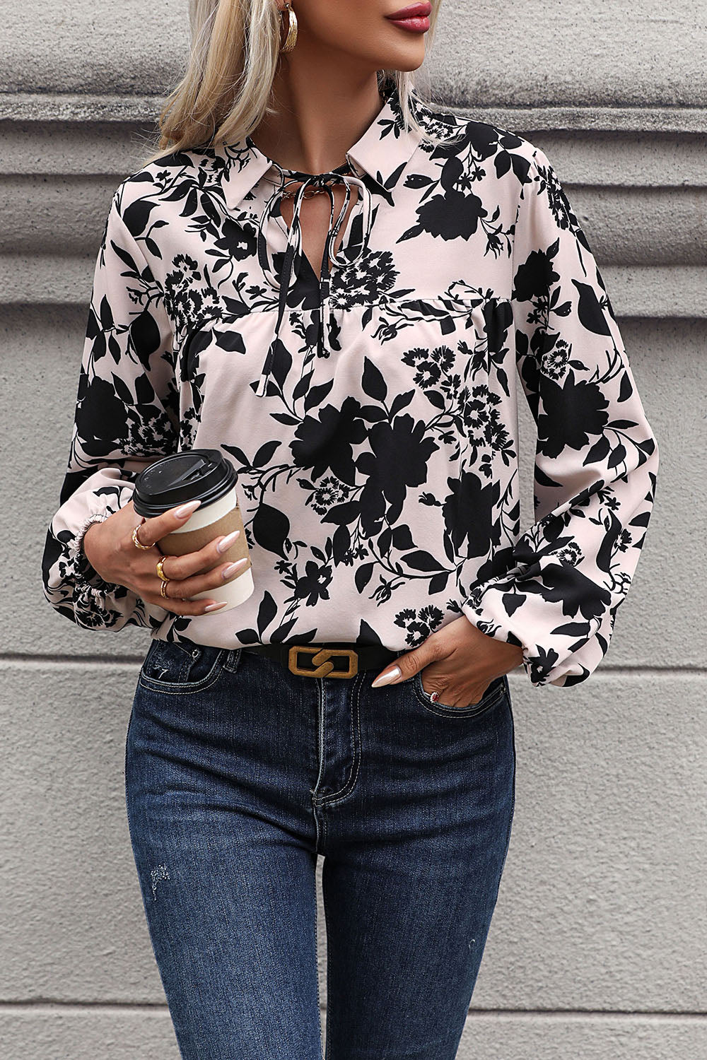 Perfee Printed Tie Neck Balloon Sleeve Blouse - The Goddess Galleries