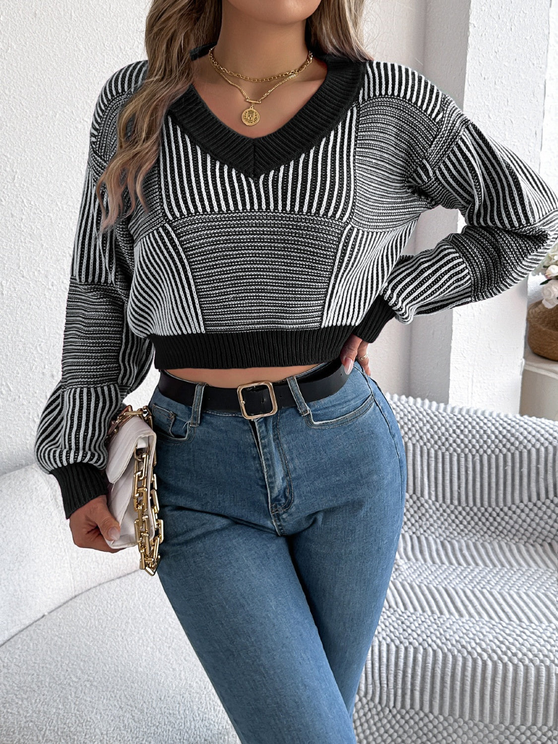 Striped V-Neck Long Sleeve Sweater - The Goddess Galleries