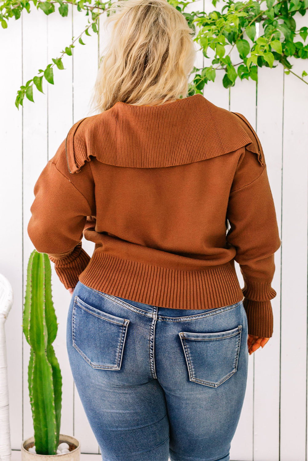 Plus Size Collared Neck Zip-Up Long Sleeve Sweater - The Goddess Galleries