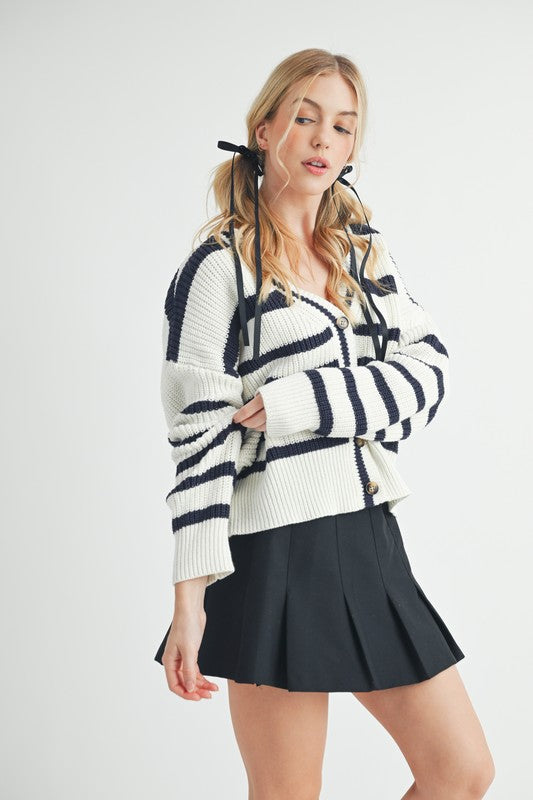 Aemi + Co Striped V-Neck Button Down Cardigan - The Goddess Galleries