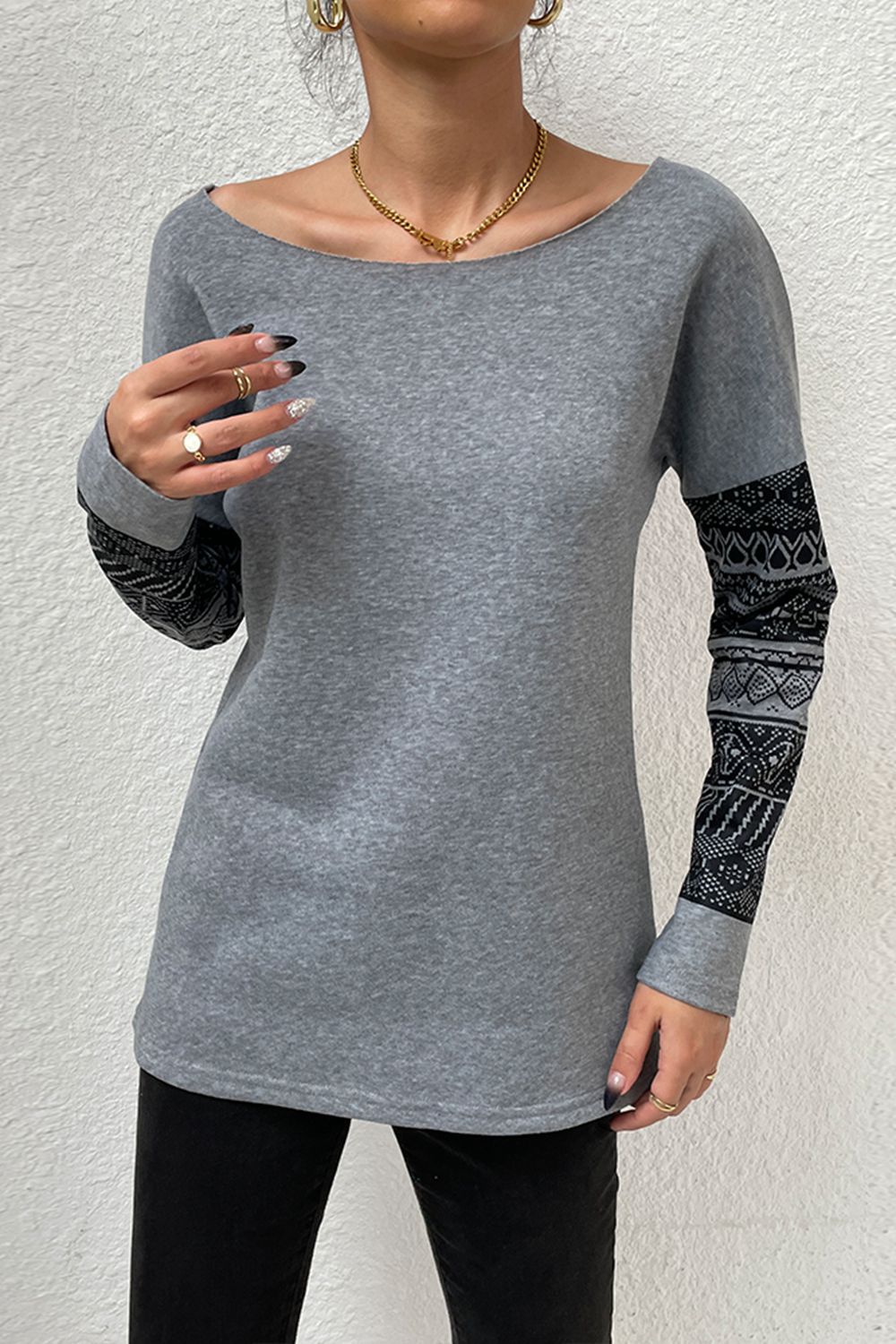 Shiny Boat Neck Long Printed Sleeve Blouse - The Goddess Galleries