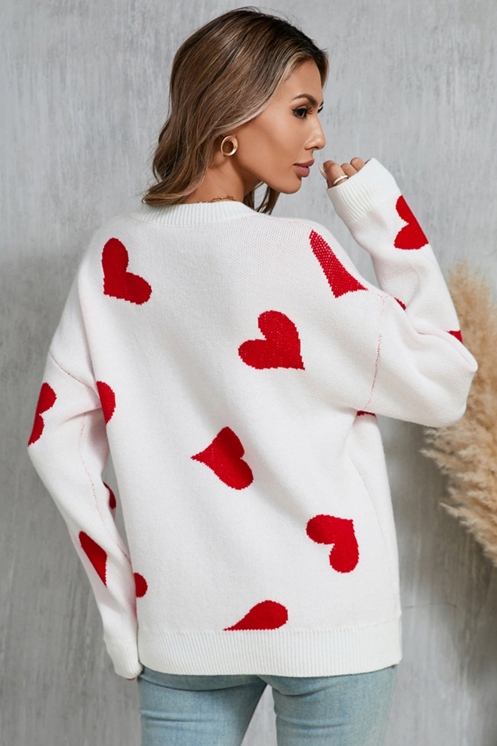 Angel Wings Heart Round Neck Dropped Shoulder Sweater - The Goddess Galleries