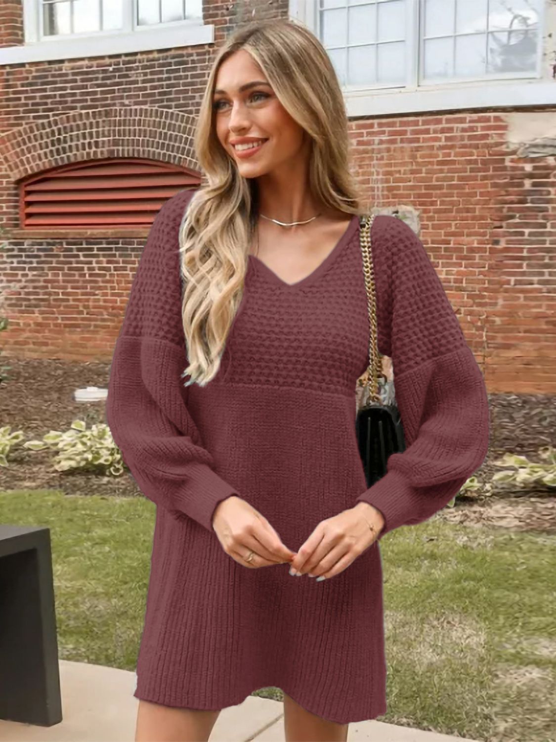 Perfee V-Neck Long Sleeve Sweater Dress - The Goddess Galleries