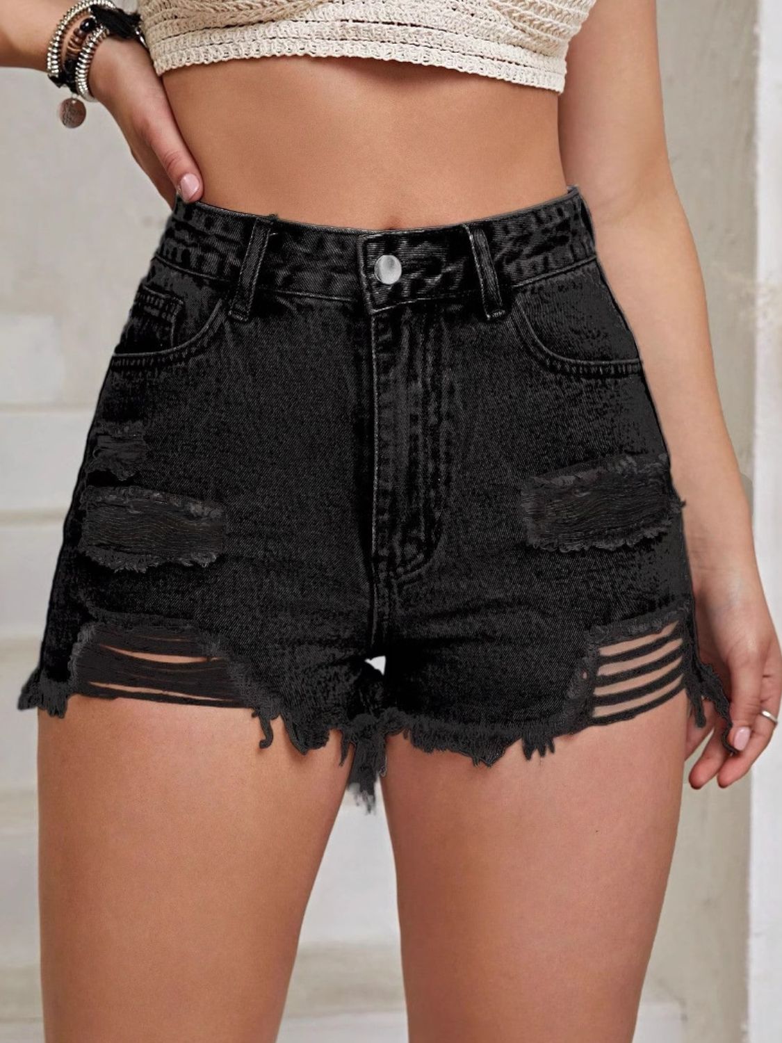 Distressed Raw Hem High Waist Denim Shorts - The Goddess Galleries