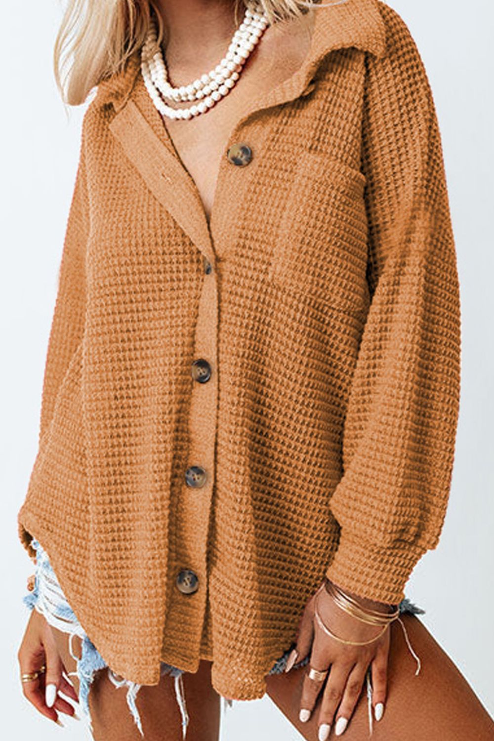 Waffle-Knit Collared Neck Long Sleeve Shirt - The Goddess Galleries