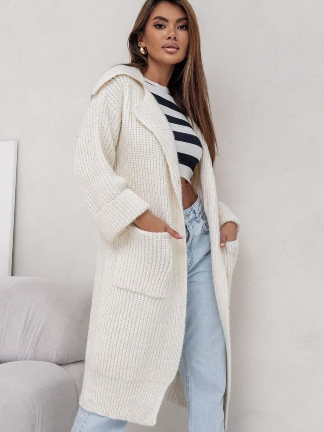 Pocketed Collared Neck Dropped Shoulder Cardigan - The Goddess Galleries