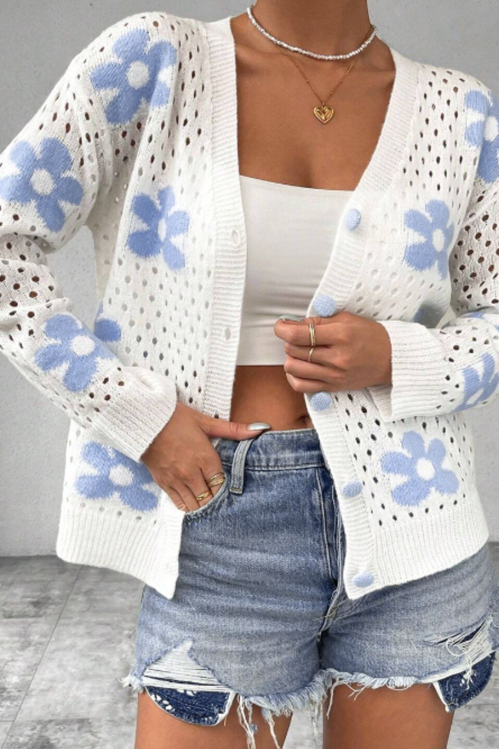 Flower Hollowed Out Button Down Long Sleeve Cardigan - The Goddess Galleries