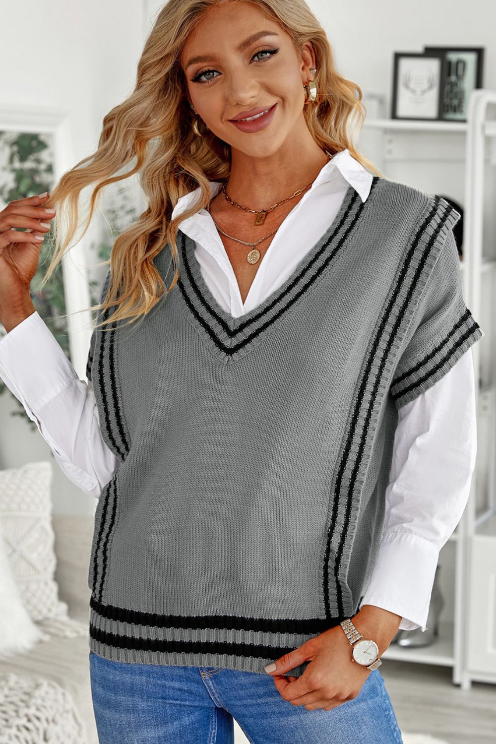 Striped Trim V-Neck Sweater Vest - The Goddess Galleries
