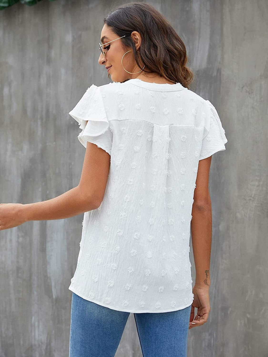 Swiss Dot Notched Flutter Sleeve Blouse - The Goddess Galleries