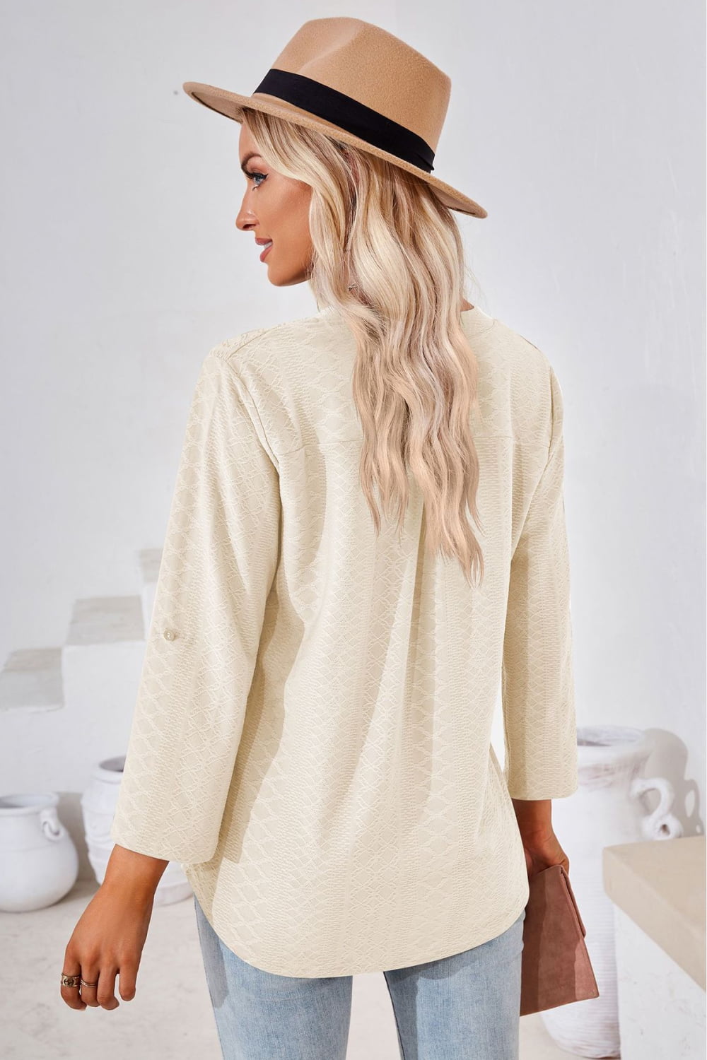 V-Neck Roll-Tap Sleeve Blouse - The Goddess Galleries