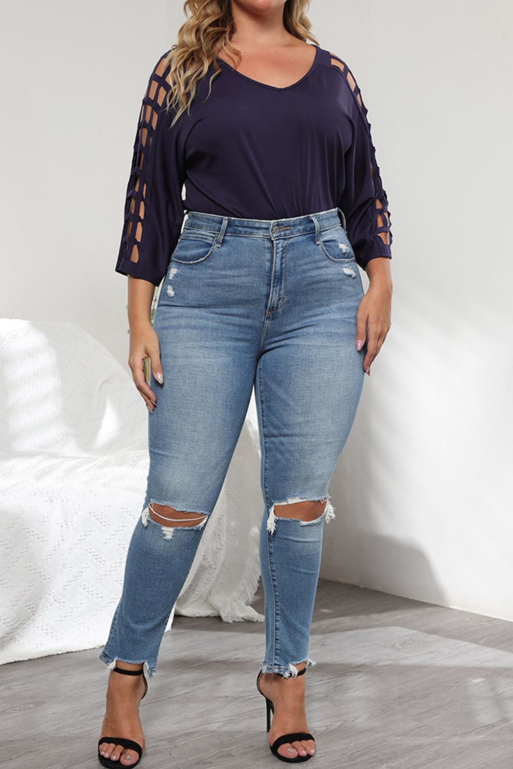 Plus Size Cutout Three-Quarter Sleeve Blouse - The Goddess Galleries
