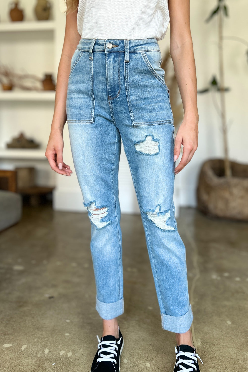 Judy Blue Full Size Distressed Straight Jeans with Patch Pockets - The Goddess Galleries
