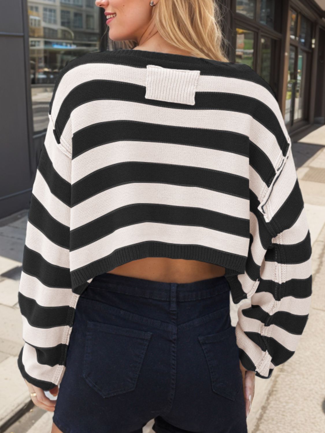 Striped Dropped Shoulder Long Sleeve Sweater - The Goddess Galleries