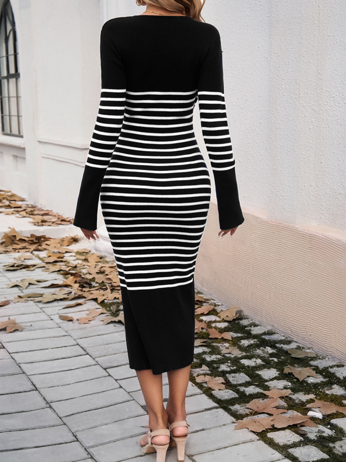 Devine Striped V-Neck Long Sleeve Sweater Dress - The Goddess Galleries