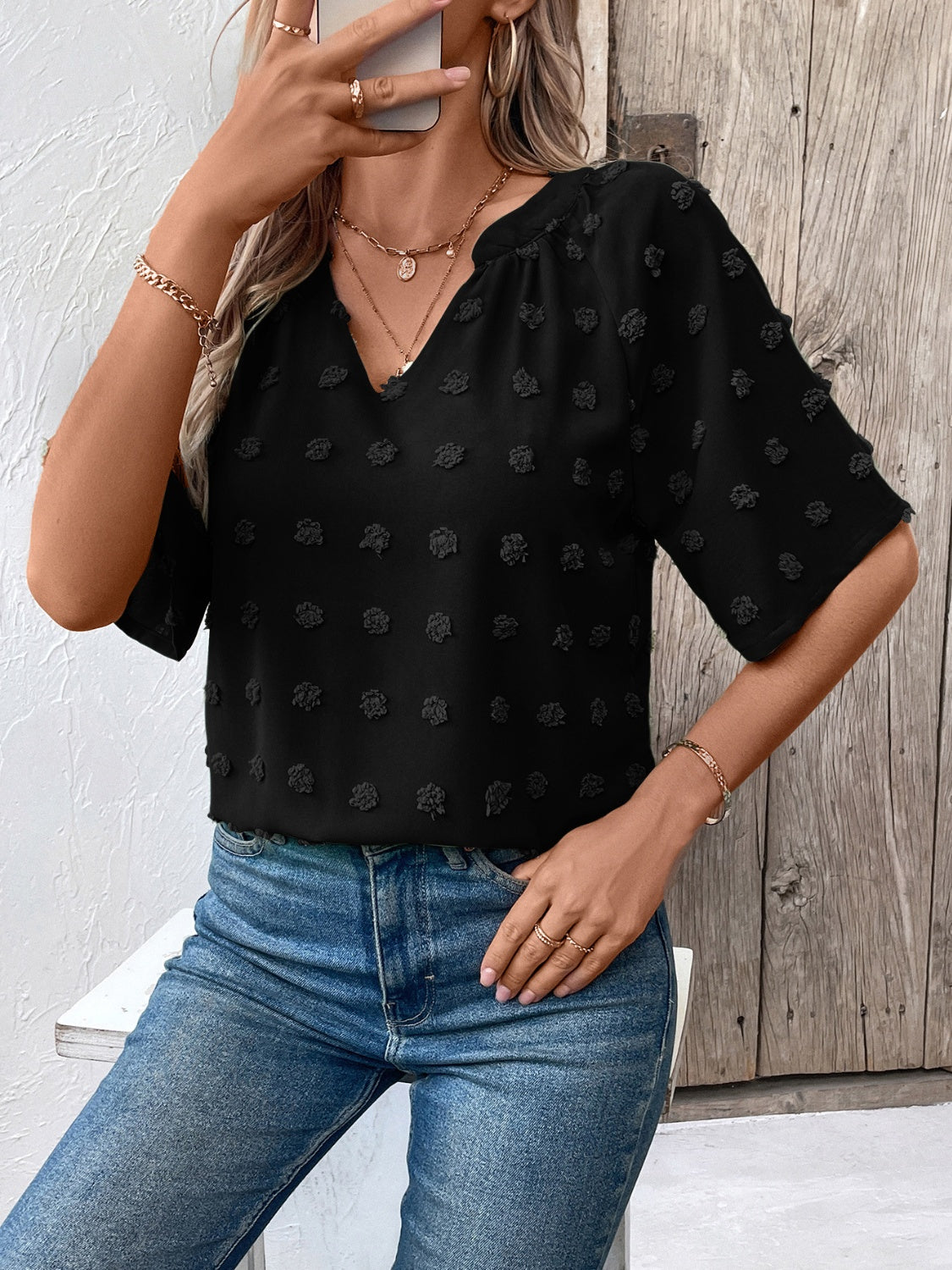 Ivy Lane Swiss Dot Notched Half Sleeve Blouse - The Goddess Galleries