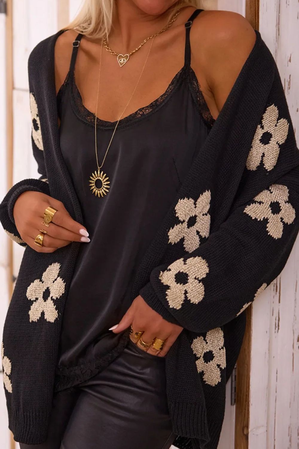 Flower Open Front Long Sleeve Cardigan - The Goddess Galleries
