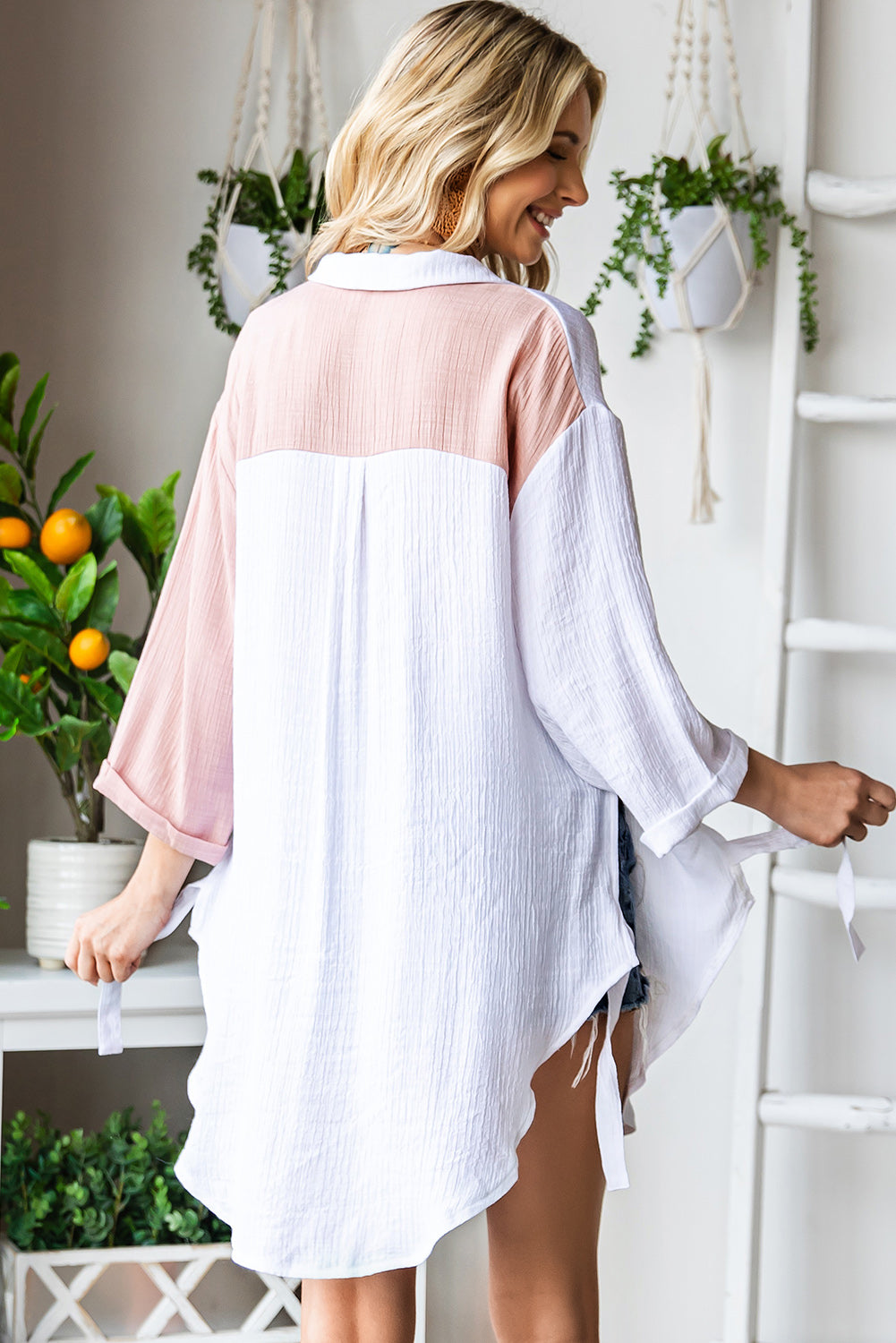 Two-Tone Button Up Dropped Shoulder Shirt - The Goddess Galleries