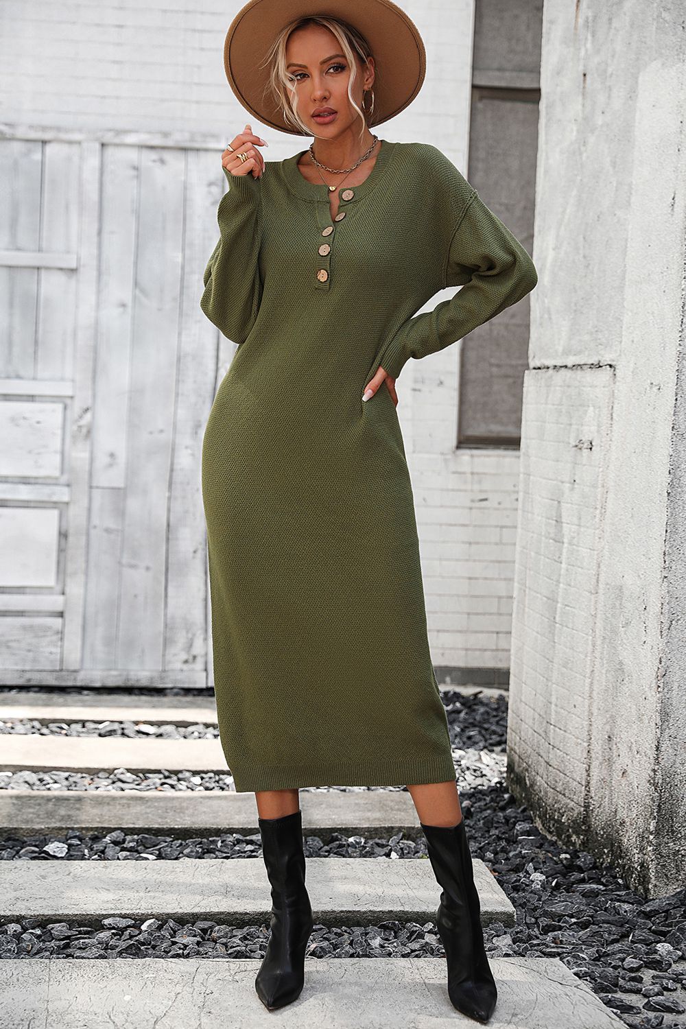 Decorative Button Notched Dropped Shoulder Sweater Dress - The Goddess Galleries