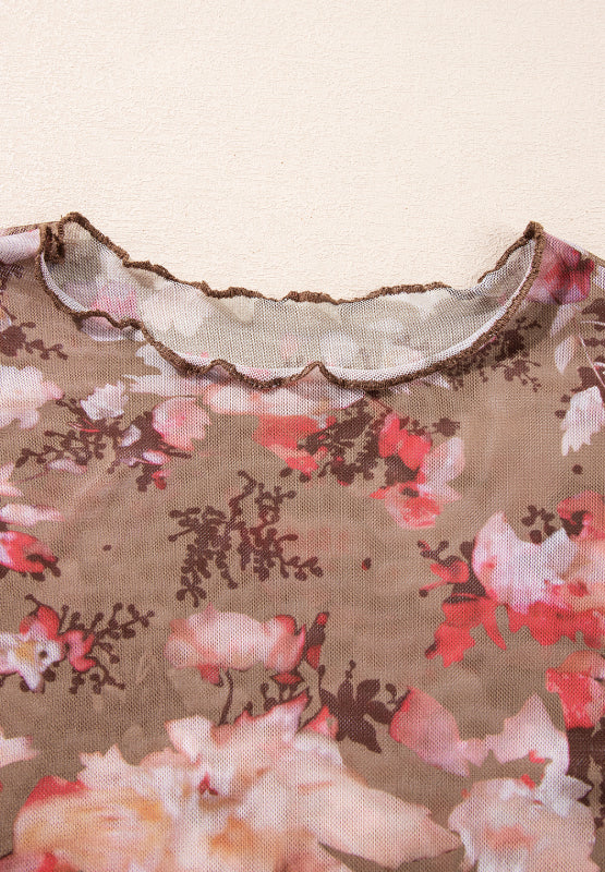 Floral Mock Neck Long Sleeve Sheer Top - The Goddess Galleries