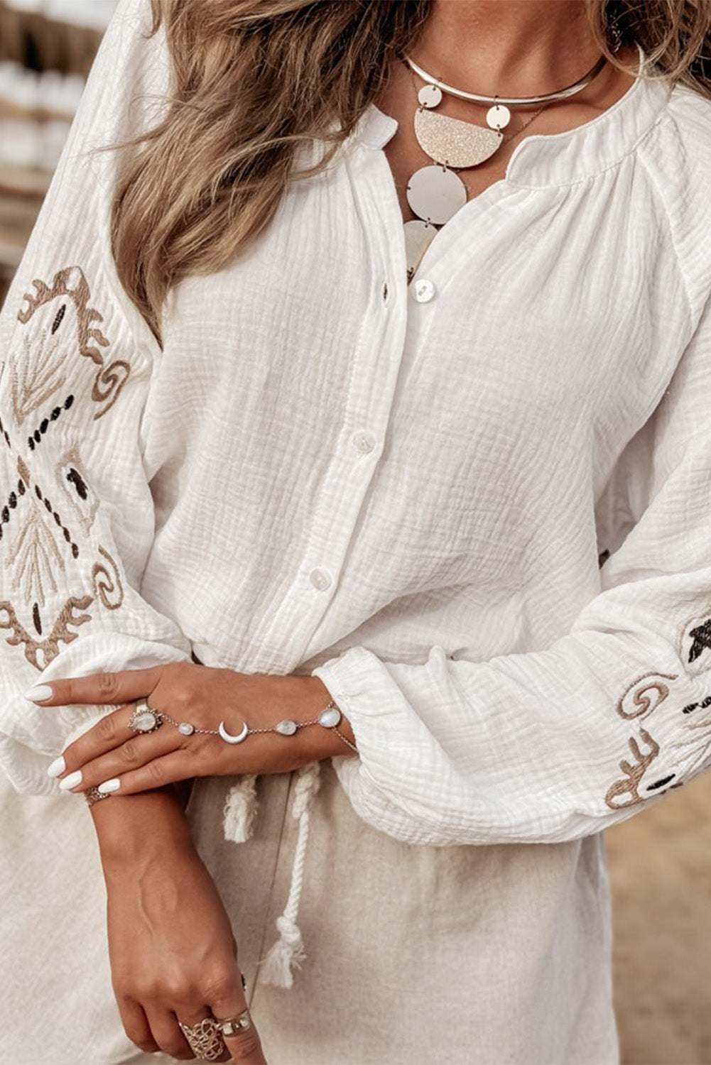 Embroidered Button Down Long Sleeve Shirt - The Goddess Galleries
