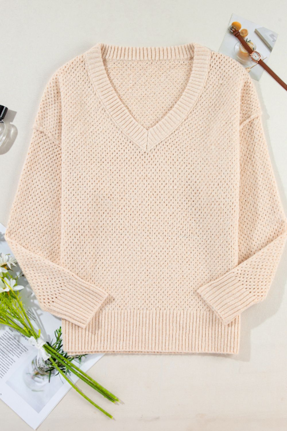 V-Neck Dropped Shoulder Long Sleeve Sweater - The Goddess Galleries