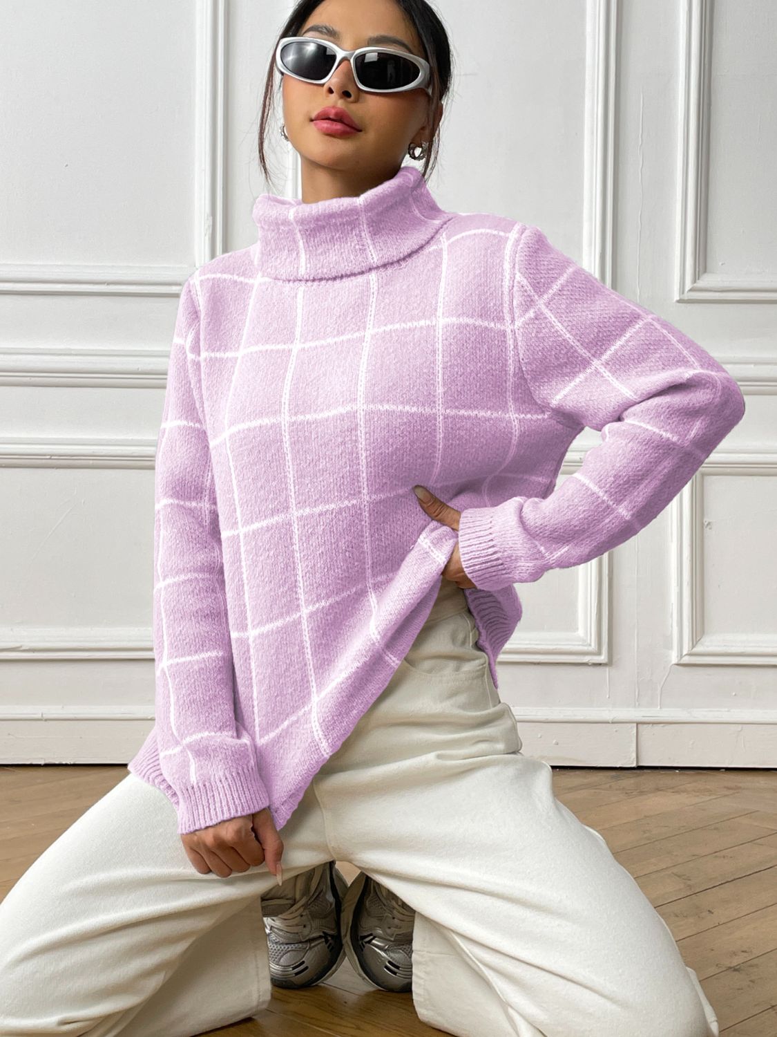 Plaid Turtleneck Long Sleeve Sweater - The Goddess Galleries
