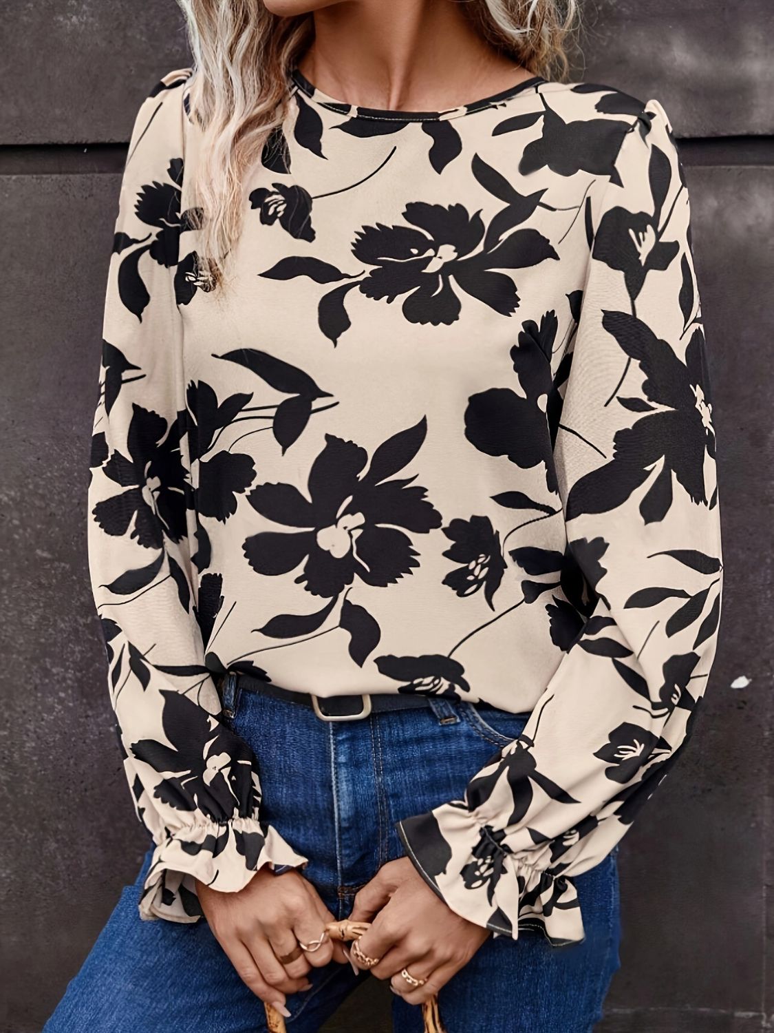 Bow Back Printed Round Neck Flounce Sleeve Blouse - The Goddess Galleries