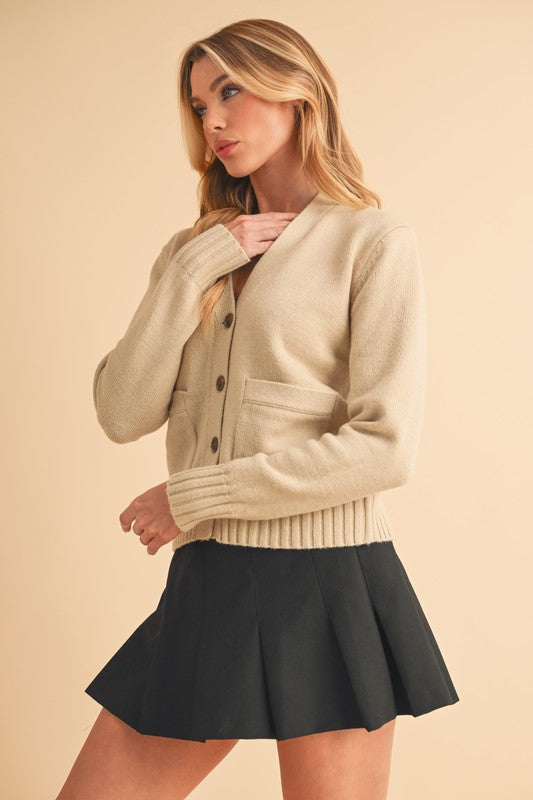 Aemi + Co Ribbed Hem Button Down V-Neck Cardigan - The Goddess Galleries