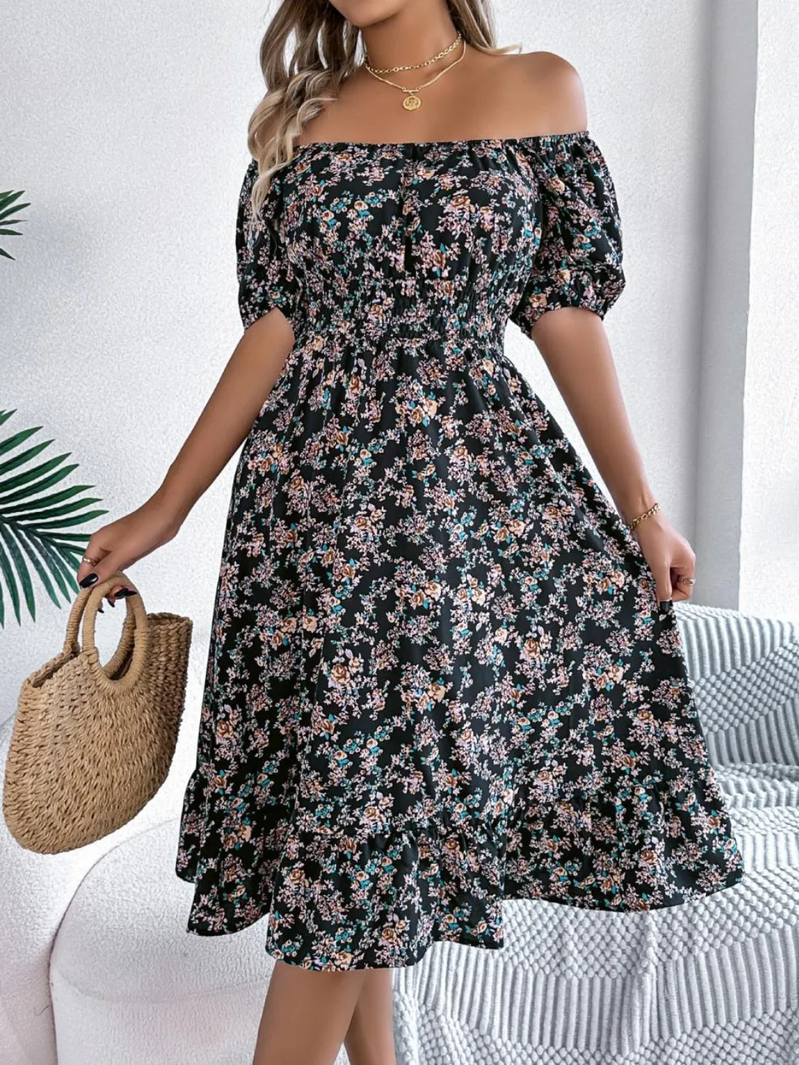 Ruffled Hem Floral Puff Sleeve Dress - The Goddess Galleries