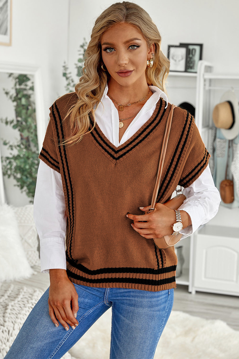 Striped Trim V-Neck Sweater Vest - The Goddess Galleries