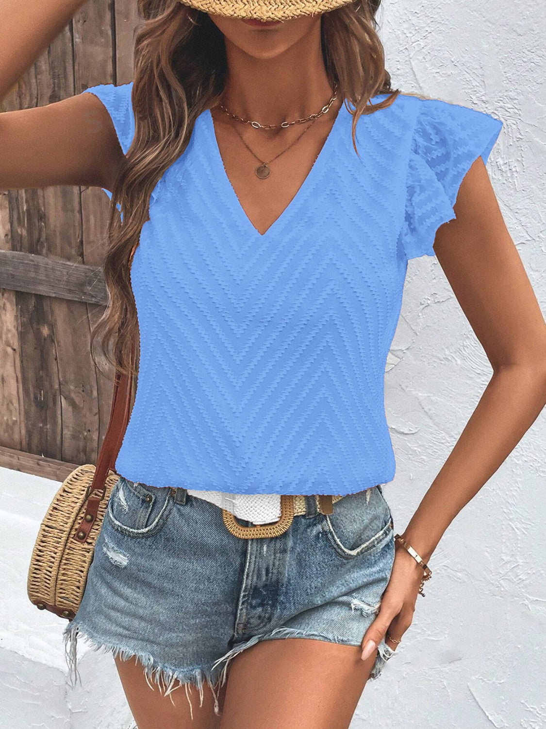 Textured V-Neck Cap Sleeve Blouse - The Goddess Galleries