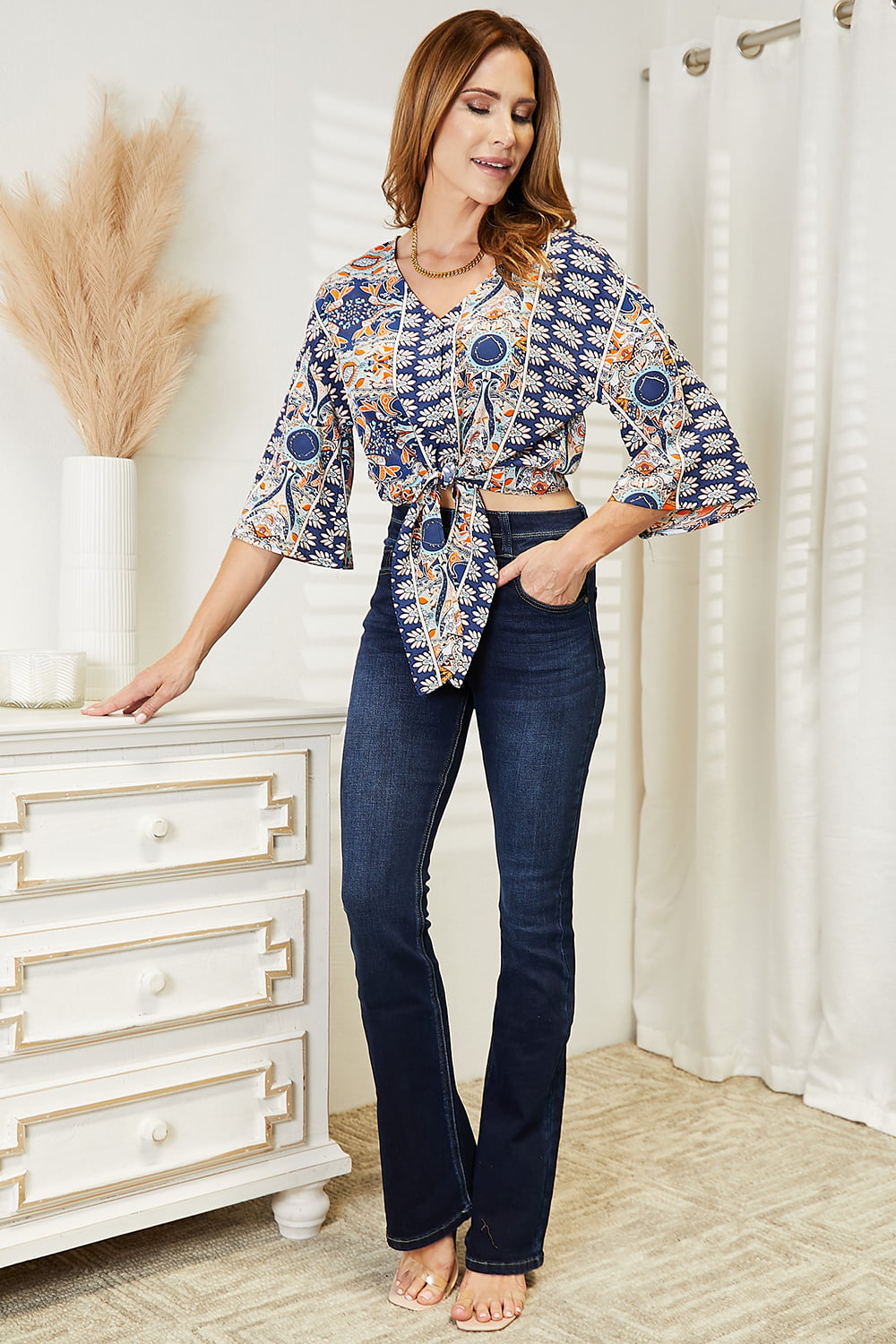 Tie Hem V-Neck Three-Quarter Sleeve Blouse - The Goddess Galleries