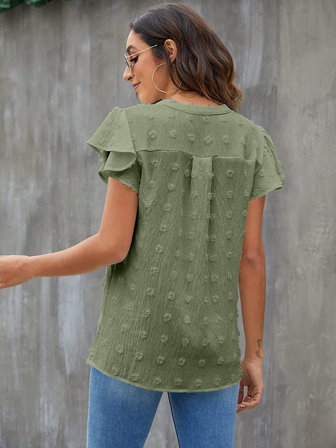Swiss Dot Notched Flutter Sleeve Blouse - The Goddess Galleries