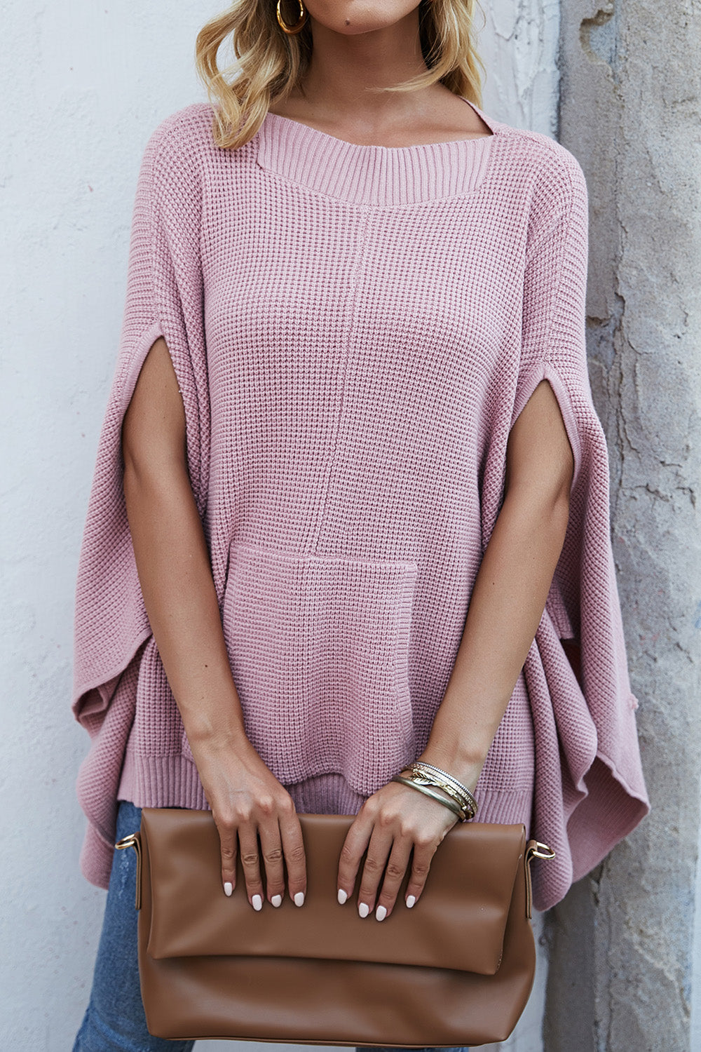 Waffle-Knit Pocketed Cape Sleeve Sweater - The Goddess Galleries