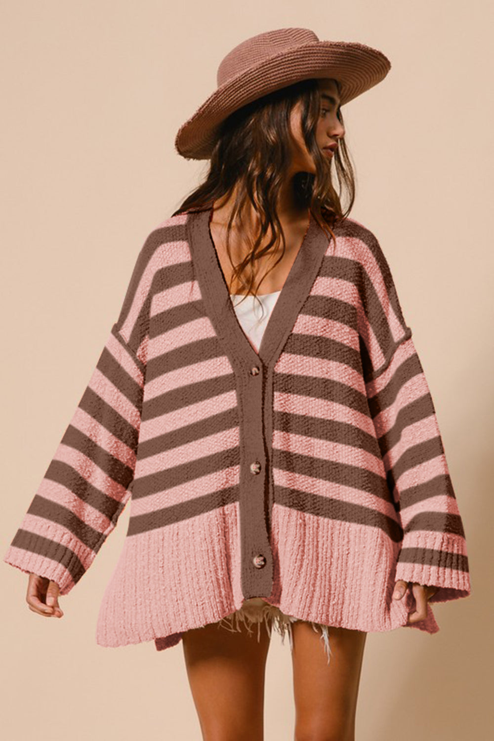 BiBi Slit Striped V-Neck Button Up Cardigan - The Goddess Galleries