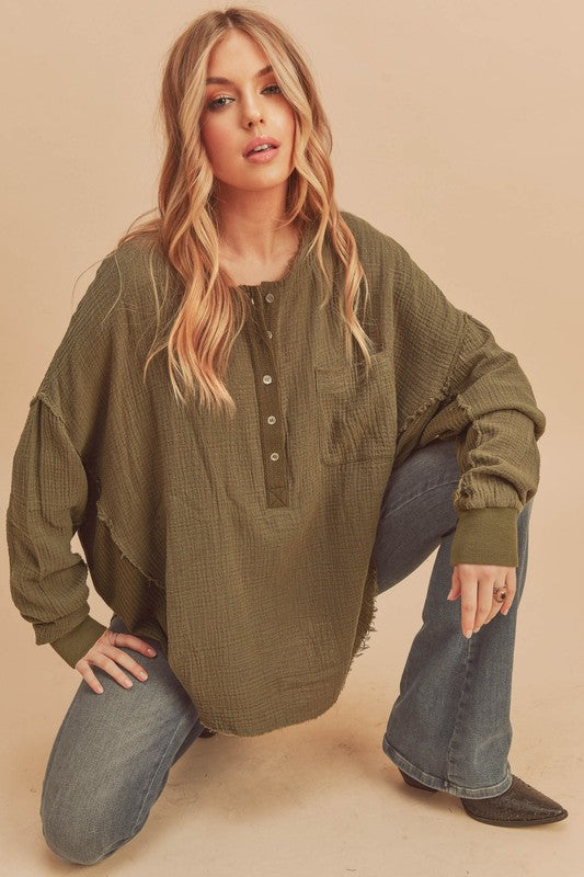 Aemi + Co Exposed Seam Raw Hem Half Button Top - The Goddess Galleries