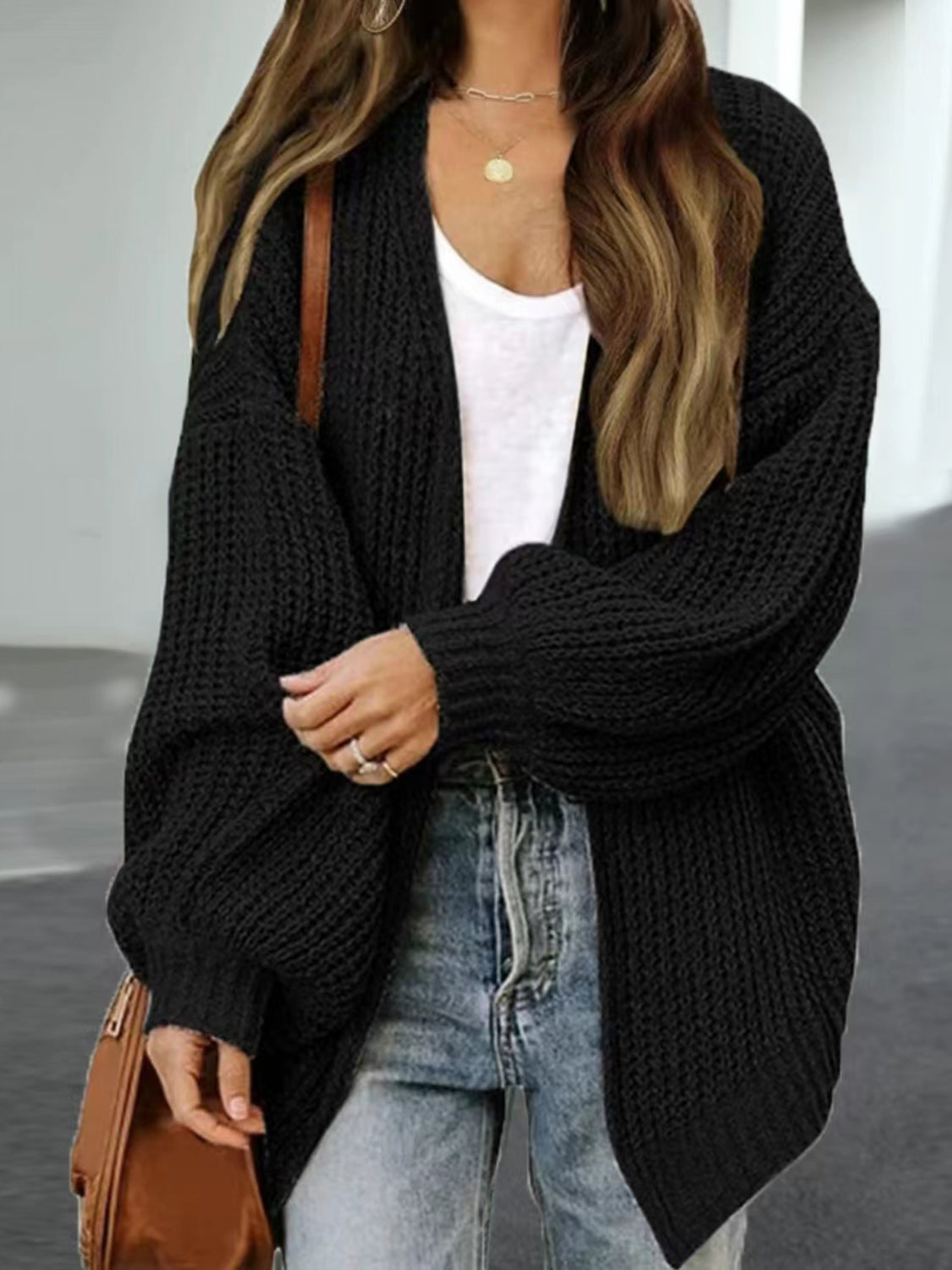 Drop Shoulder Balloon Sleeve Cardigan - The Goddess Galleries