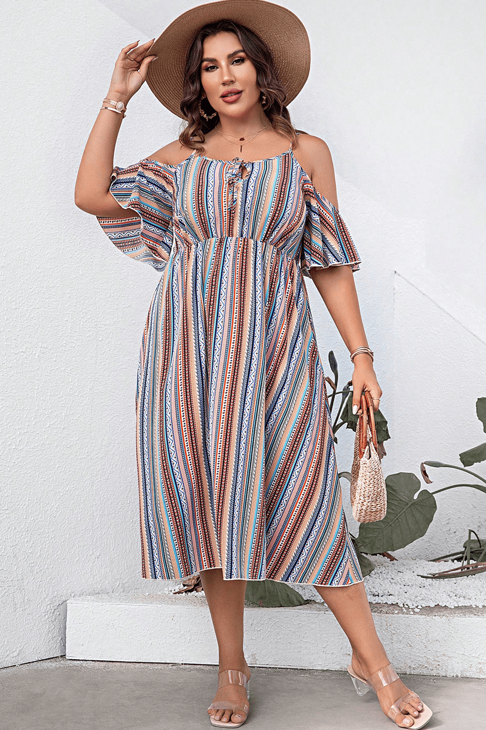 Plus Size Striped Cold-Shoulder Dress - The Goddess Galleries
