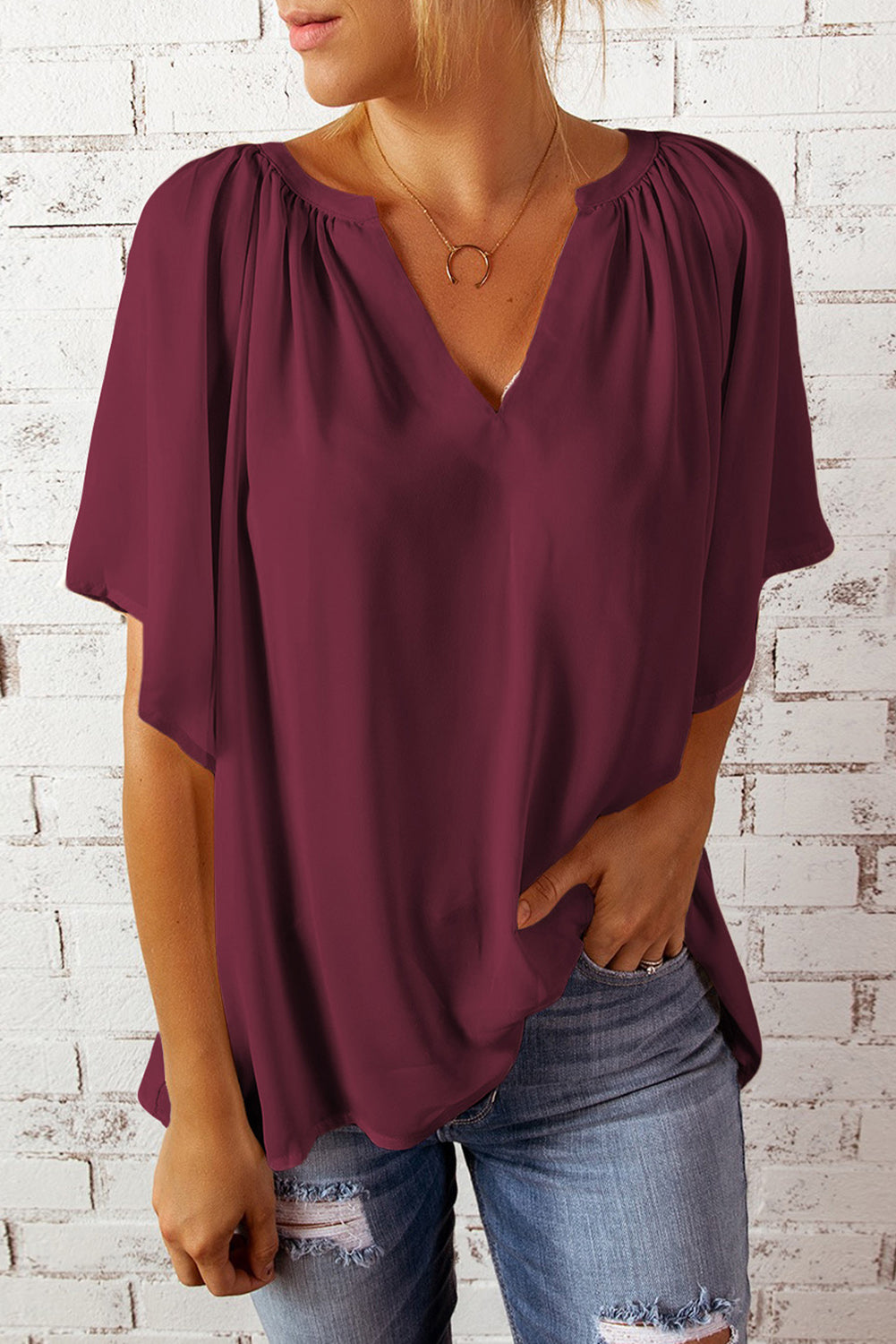 Gathered Detail Notched Neck Flutter Sleeve Top - The Goddess Galleries
