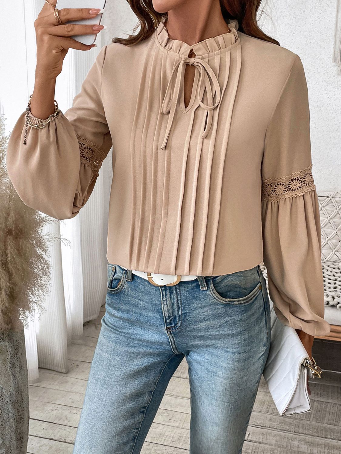 Perfee Frill Tie Neck Long Sleeve Blouse - The Goddess Galleries