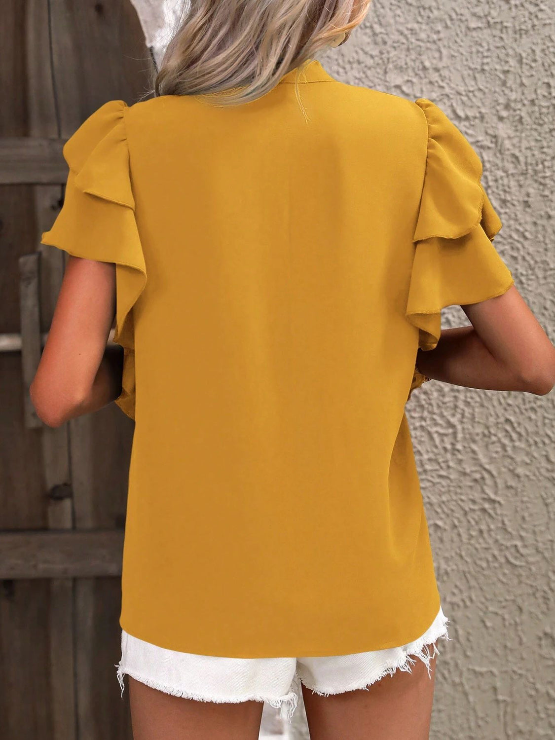 Ruffled Notched Short Sleeve Blouse - The Goddess Galleries