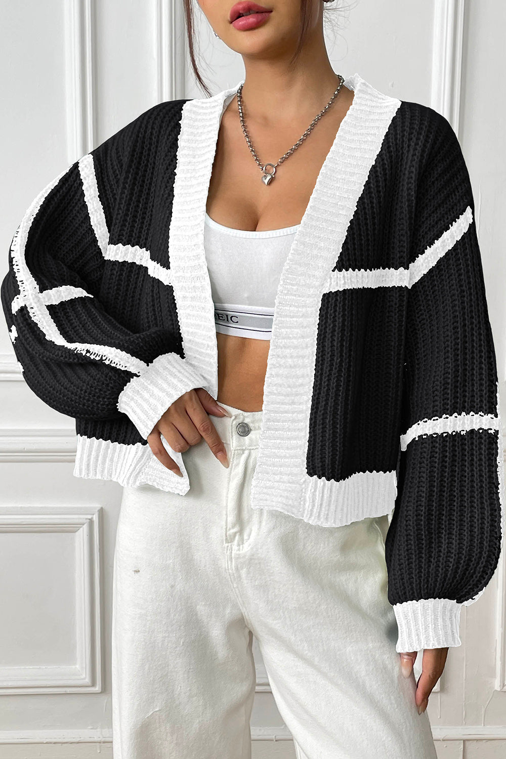 Contrast Open Front Long Sleeve Cardigan - The Goddess Galleries