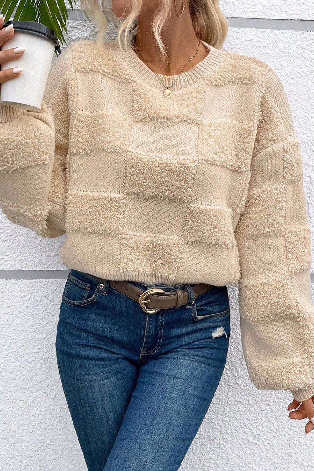 Checkered Round Neck Dropped Shoulder Sweater - The Goddess Galleries