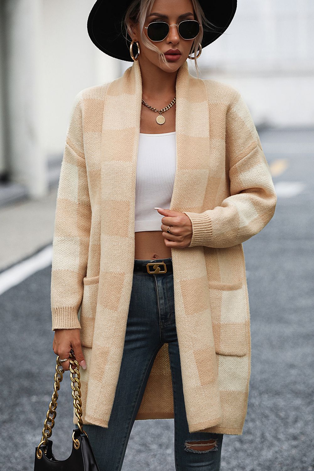 Plaid Dropped Shoulder Cardigan with Pocket - The Goddess Galleries