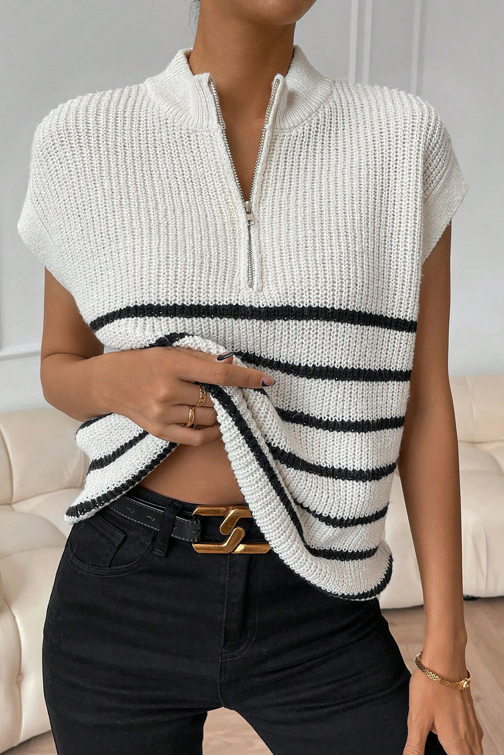 Striped Mock Neck Half Zip Sweater Vest - The Goddess Galleries